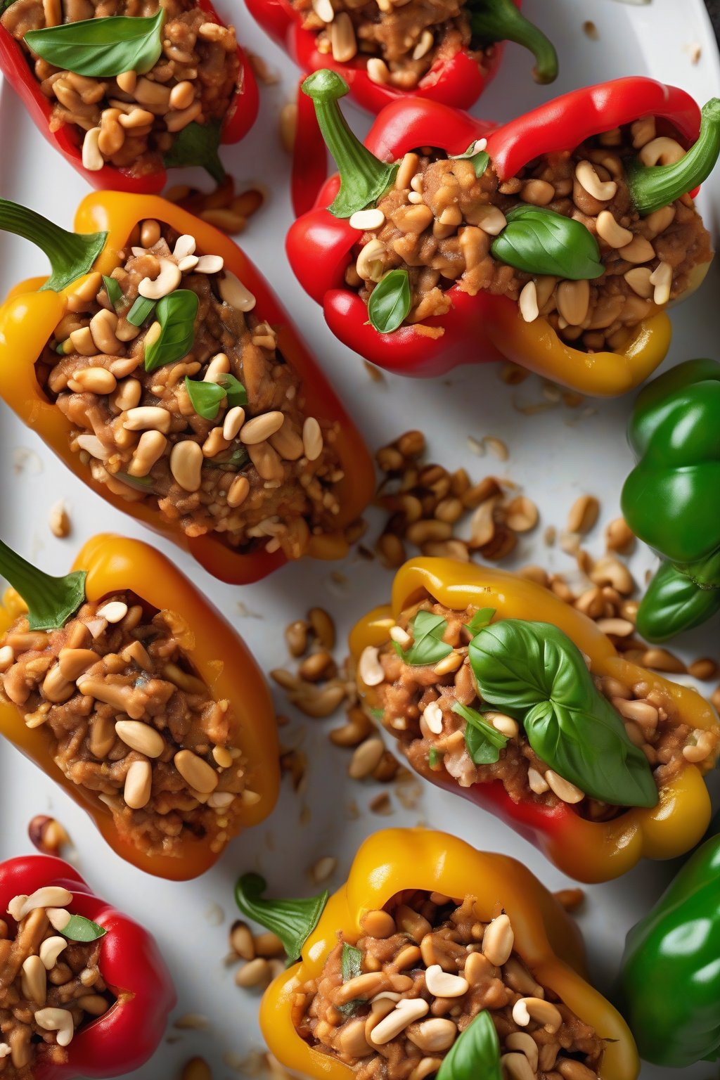 A high-resolution photo of Thai peanut stuffed peppers garnished with basil and crushed peanuts, under soft lighting.