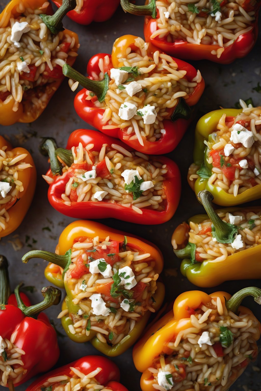 A high-resolution photo of Mediterranean orzo stuffed peppers bright with feta and tomatoes, under soft lighting.