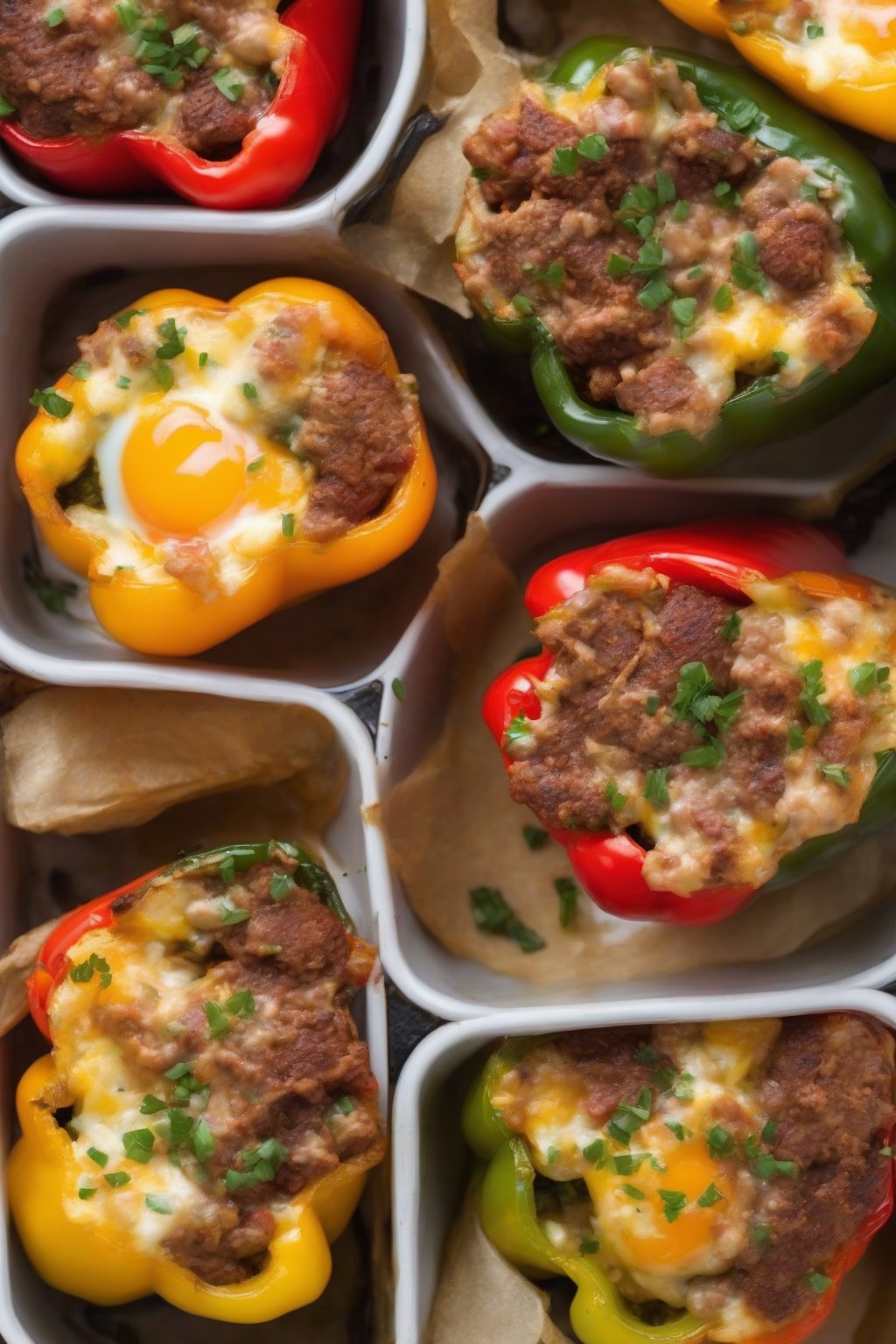 A high-resolution photo of breakfast sausage and egg stuffed peppers with runny yolks, under soft lighting.