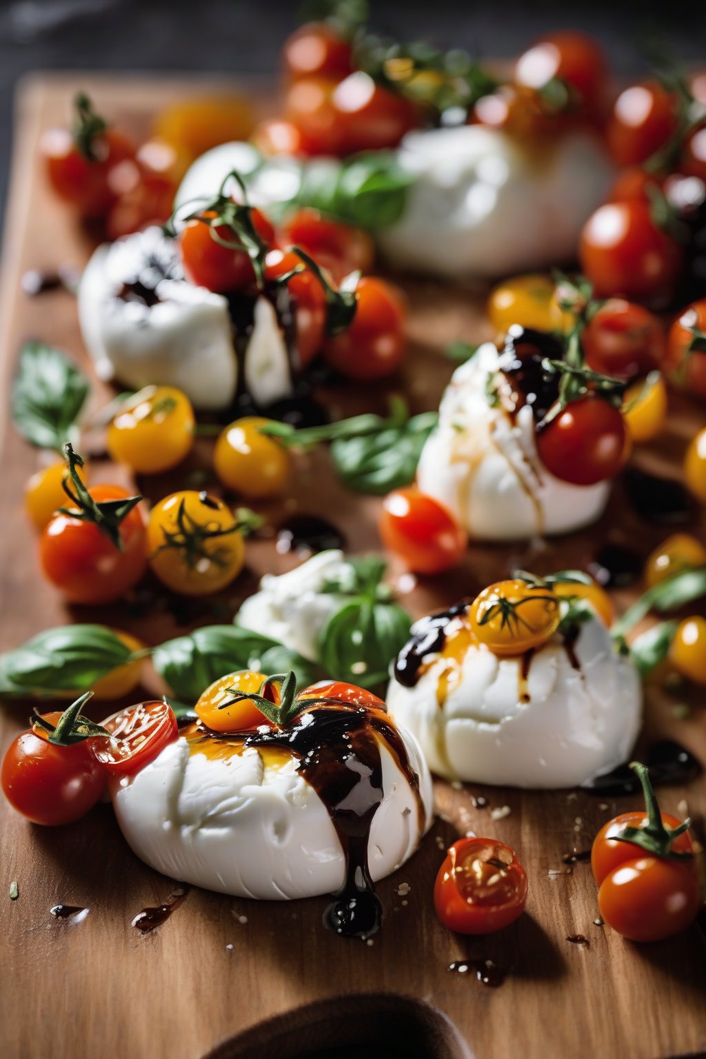 A high-resolution close-up photo of burrata with burst cherry tomatoes and balsamic glaze on a wooden cheese board under soft lighting.