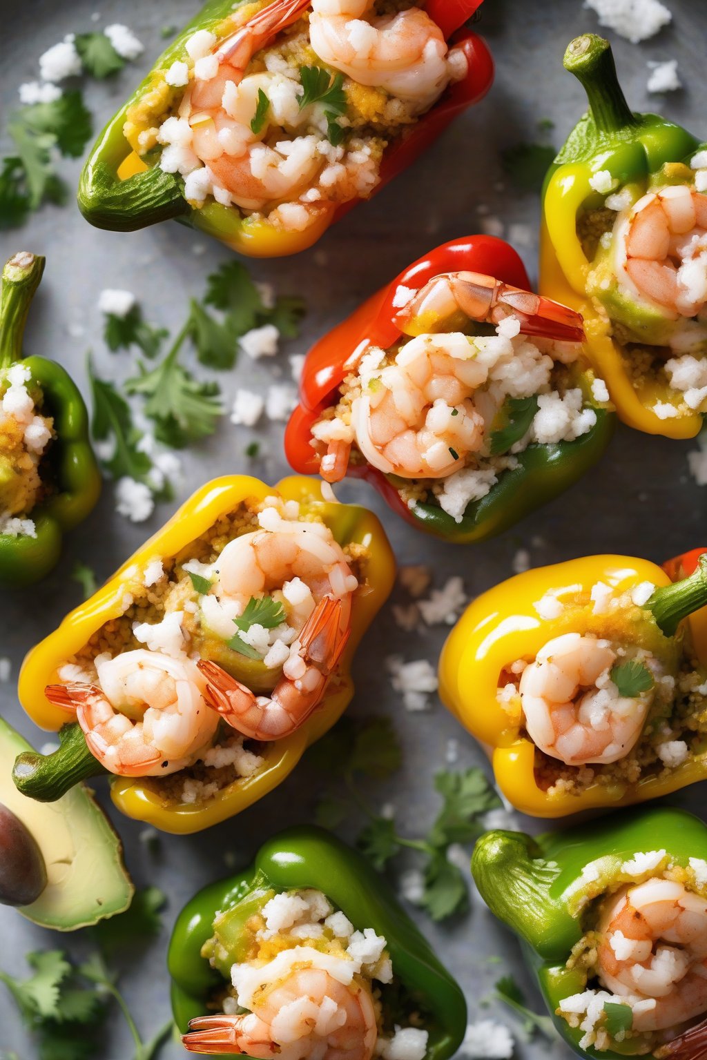 A high-resolution photo of shrimp and avocado stuffed peppers topped with cotija, under soft lighting.