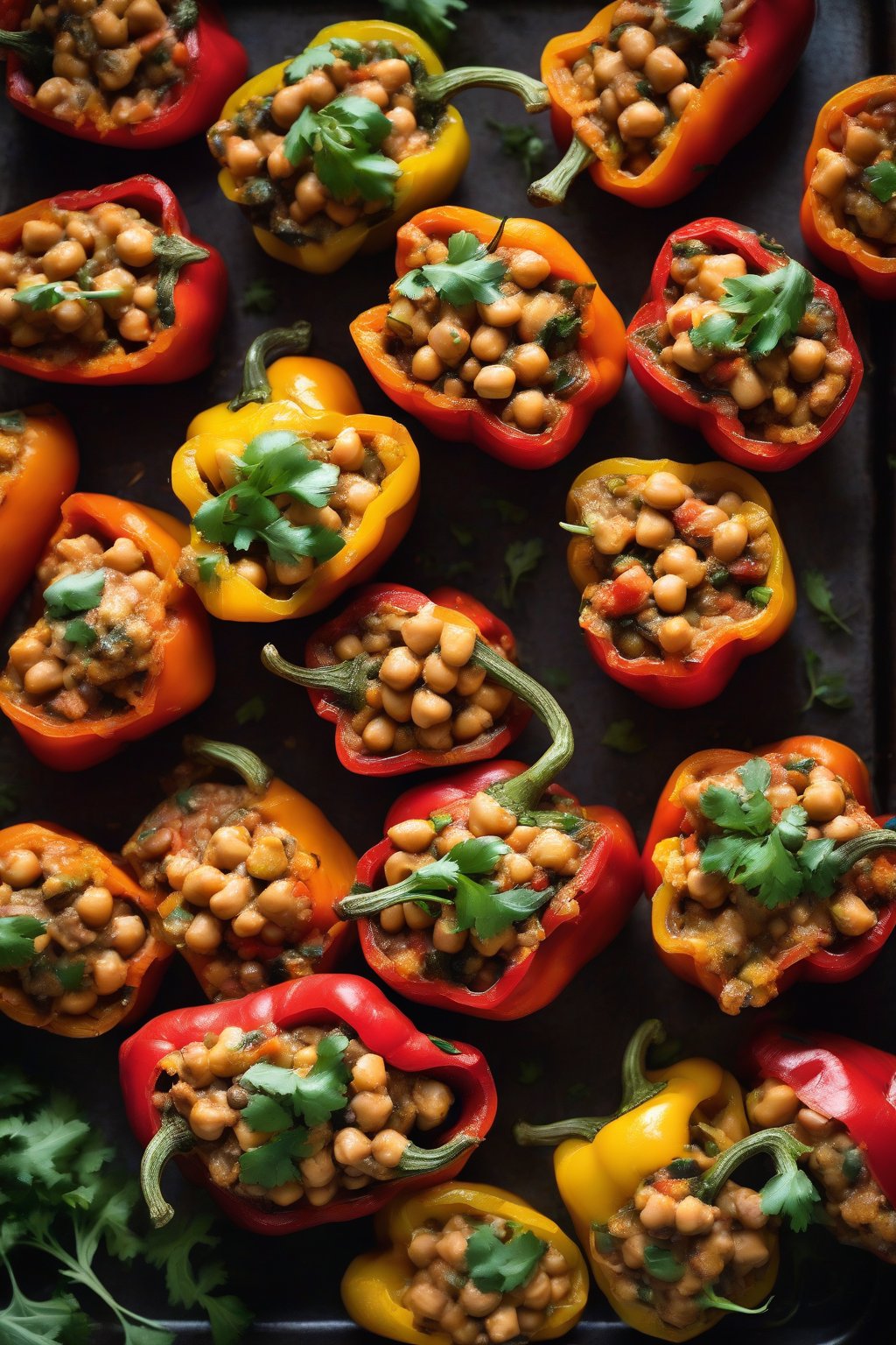 A high-resolution photo of sweet potato and chickpea stuffed peppers with golden edges, under soft lighting.