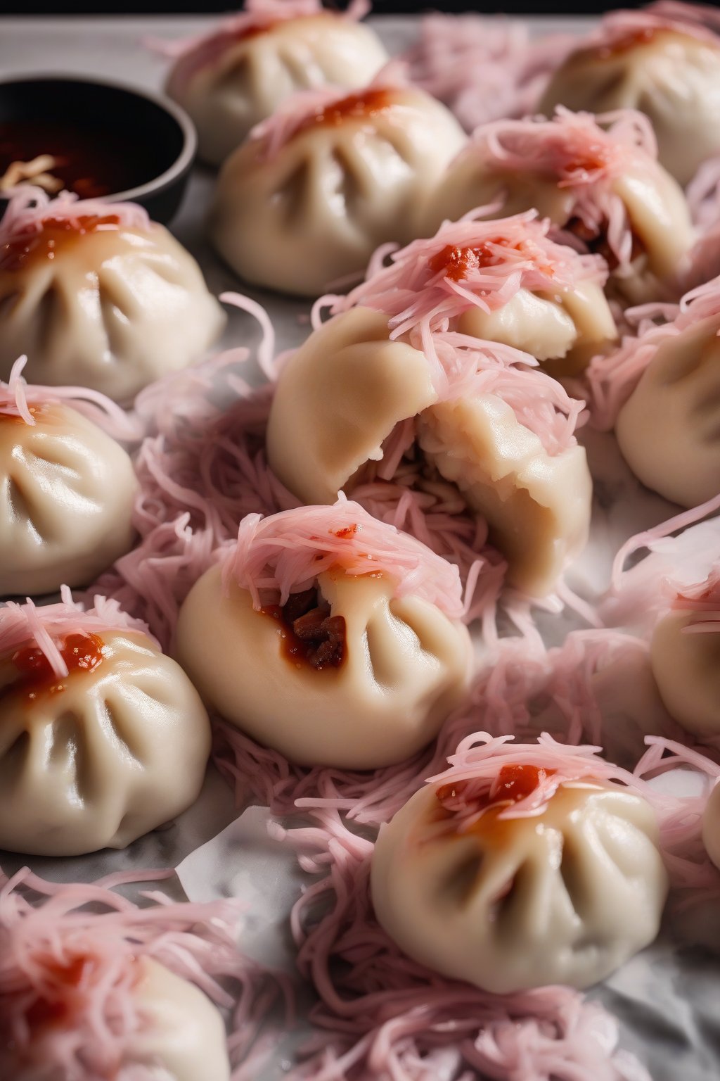 A high-resolution photo of steamed fluffy char siu pork bao buns, glistening with sauce, pleated tops slightly open to reveal pink shredded pork, under soft lighting.