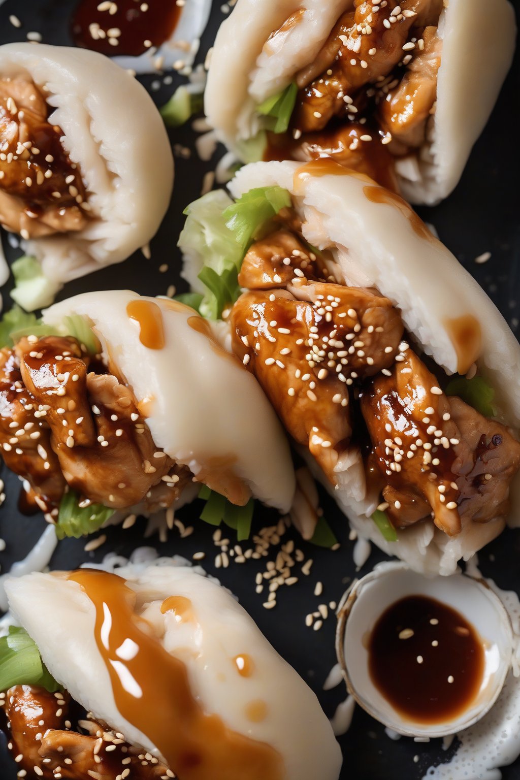 A high-resolution photo of fluffy teriyaki chicken bao buns split open, glossy sauce dripping over tender chicken pieces with sesame seeds, under soft lighting.