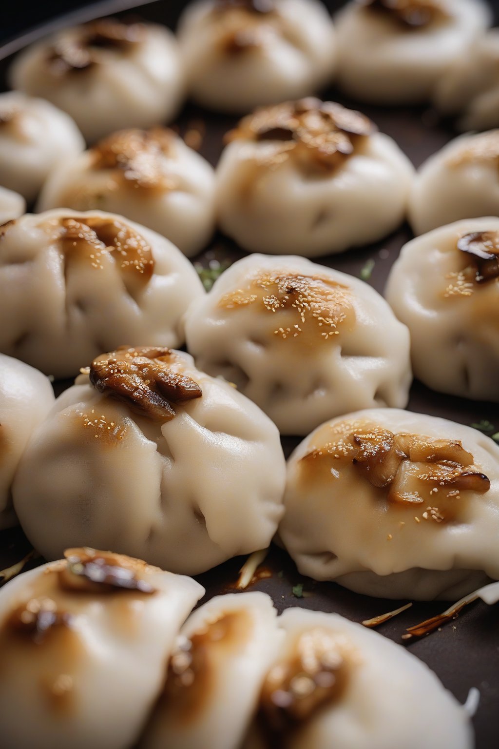 A high-resolution photo of steamed shiitake mushroom bao buns, golden-brown tops with visible veggie flecks peeking out, under soft lighting.