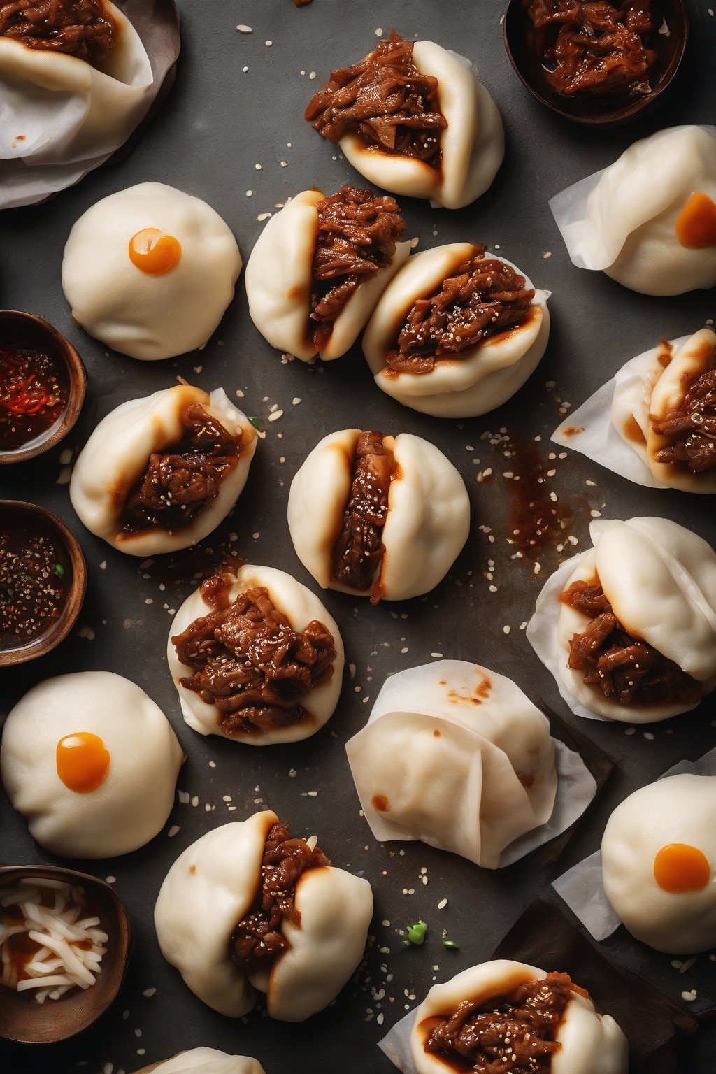 A high-resolution photo of fluffy bulgogi beef bao buns, one torn to show caramelized beef strips with sesame garnish, under soft lighting.