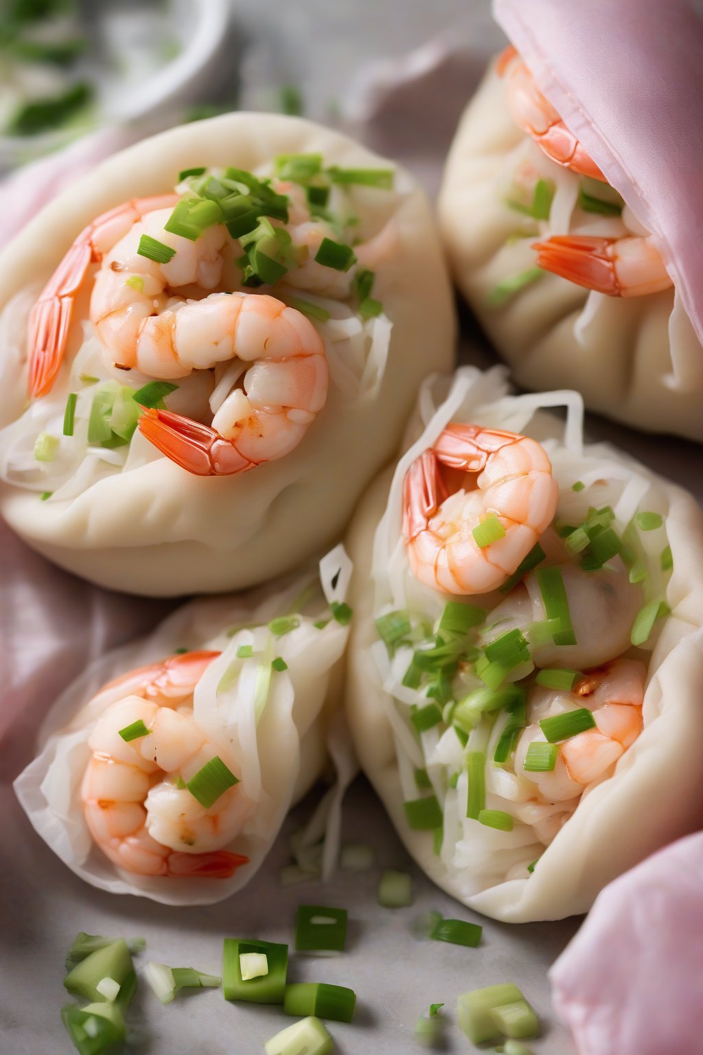 A high-resolution photo of plump garlic shrimp bao buns, pink shrimp visible through pleats with green scallion flecks, under soft lighting.