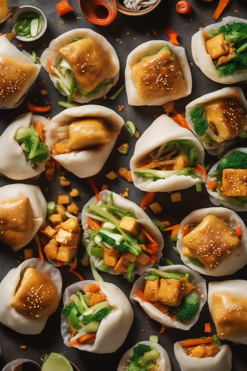 A high-resolution photo of crispy tofu veggie bao buns, golden tofu cubes spilling out with colorful veggies, under soft lighting.