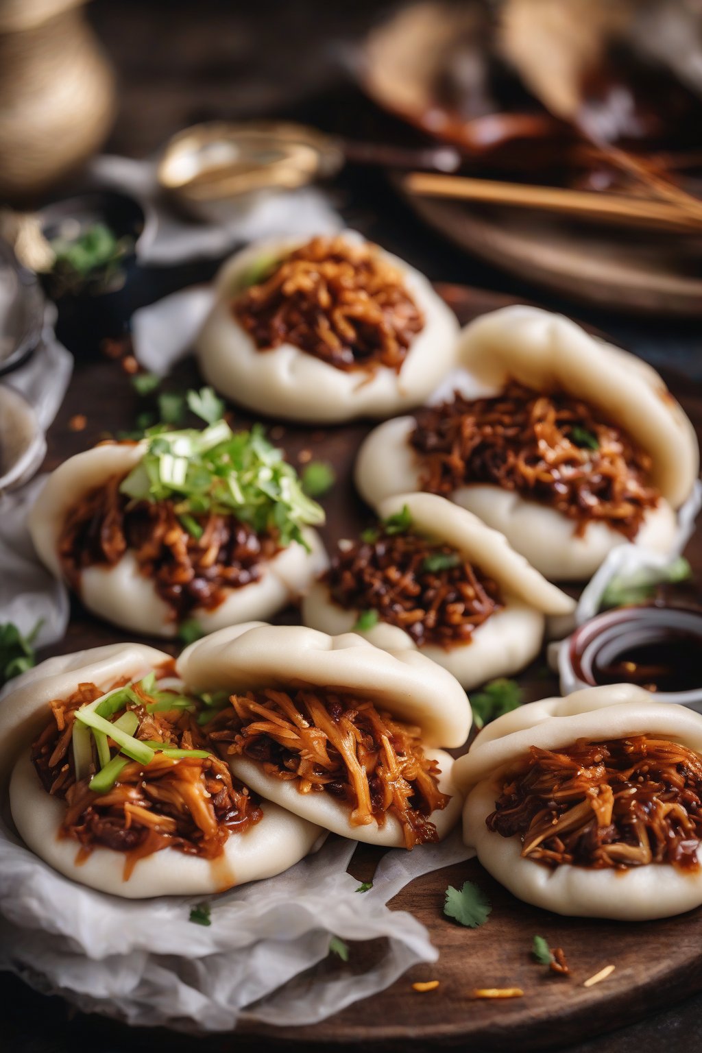 A high-resolution photo of fluffy BBQ jackfruit bao buns, saucy shredded filling oozing with smoky strands, under soft lighting.