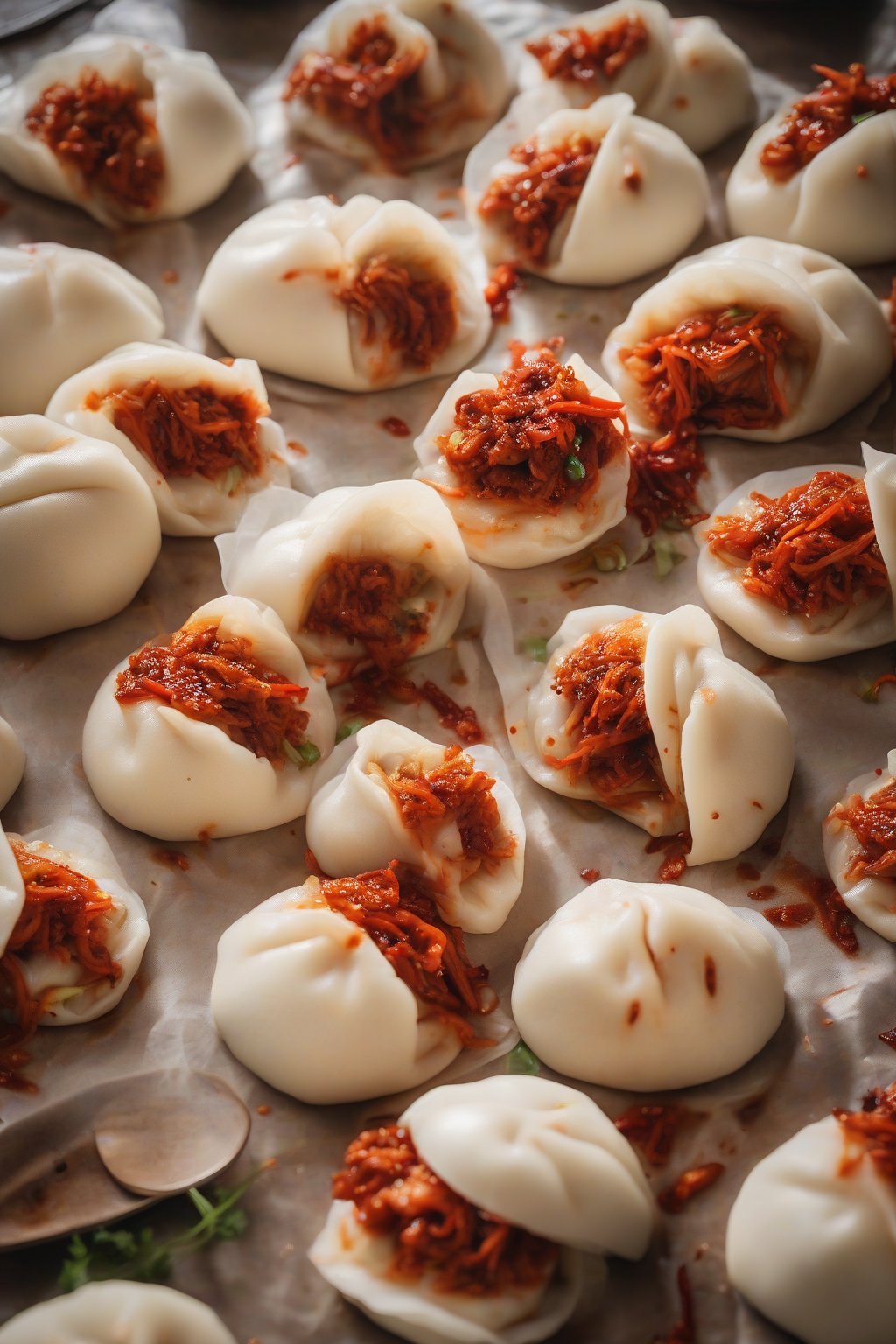 A high-resolution photo of spicy kimchi pork bao buns, red chili flecks and pink pork peeking through steamed tops, under soft lighting.