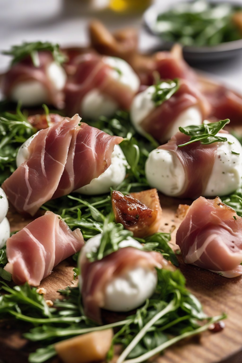 A high-resolution close-up photo of prosciutto-wrapped burrata bites with arugula on a cheese board under soft lighting.