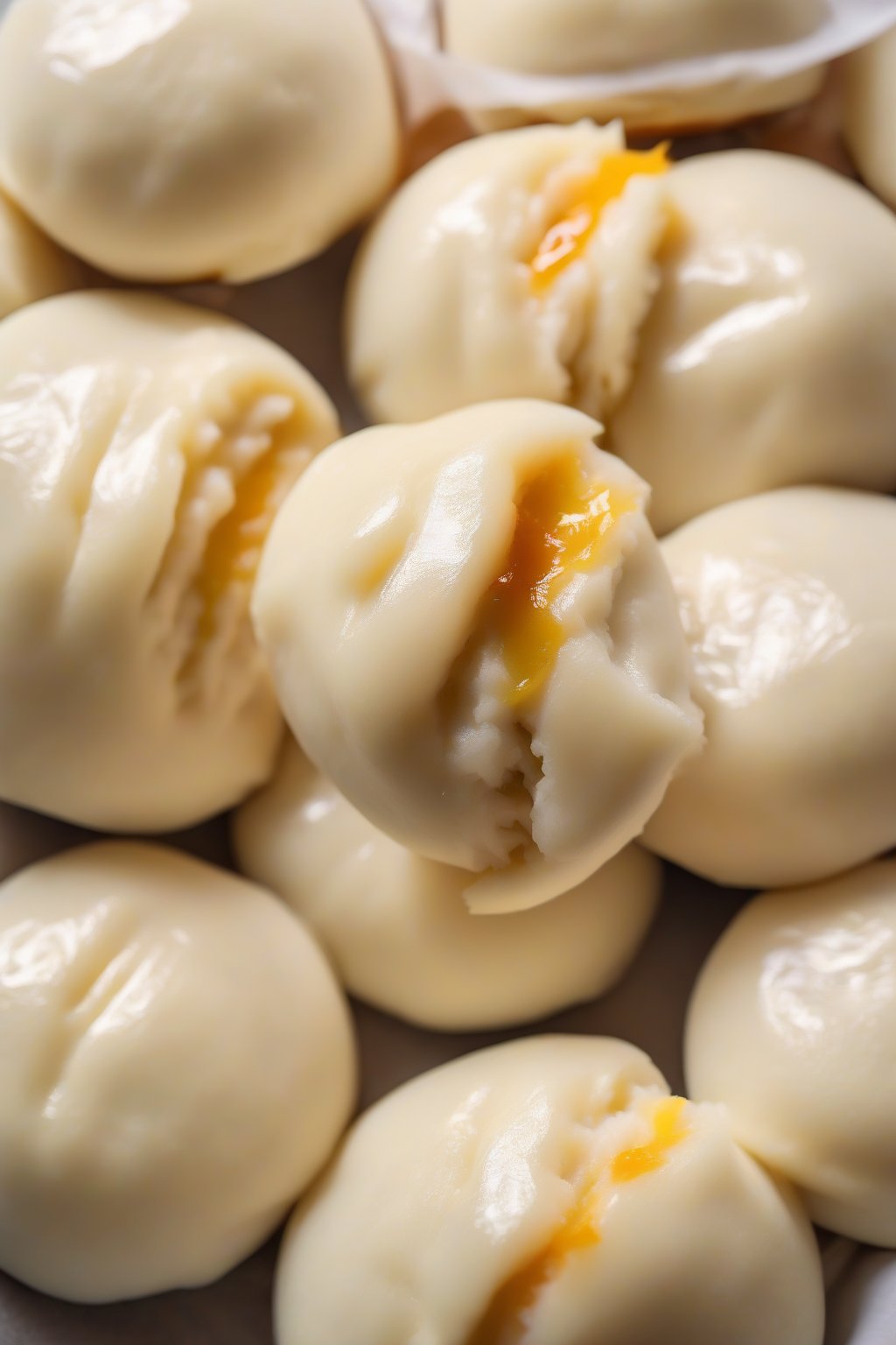 A high-resolution photo of fluffy custard bao buns with glossy white tops cracked to reveal creamy yellow filling, under soft lighting.