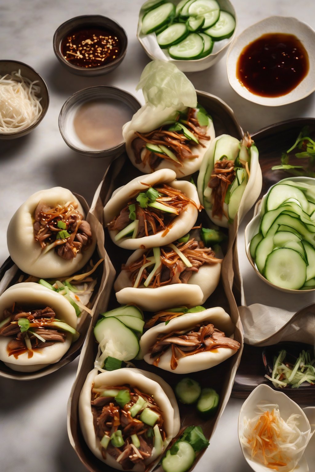 A high-resolution photo of peking duck bao buns, shredded duck with cucumber strips and hoisin shine, under soft lighting.