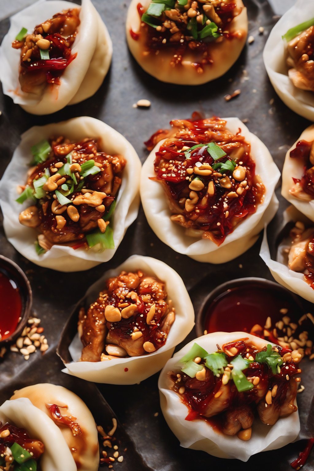 A high-resolution photo of Szechuan chicken bao buns, fiery red oil sheen and peanut crunch visible, under soft lighting.