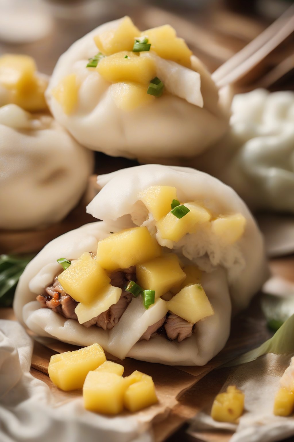A high-resolution photo of pineapple pork bao buns, golden pineapple bits contrasting juicy pork, under soft lighting.