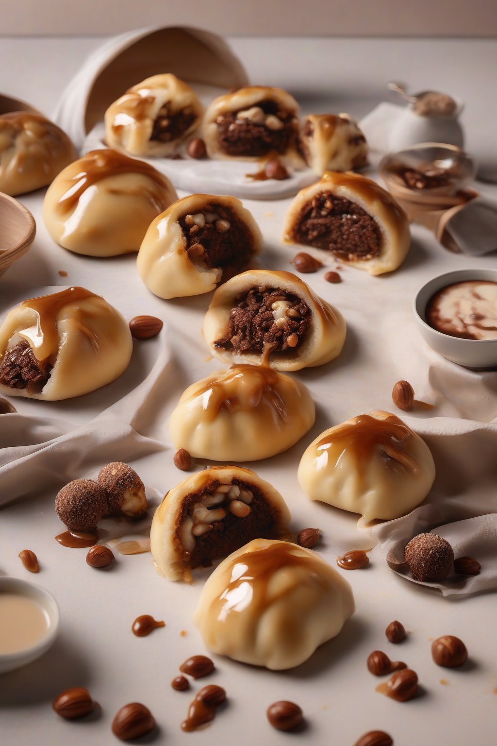A high-resolution photo of chocolate hazelnut bao buns, oozy melted filling with nutty texture spilling out, under soft lighting.
