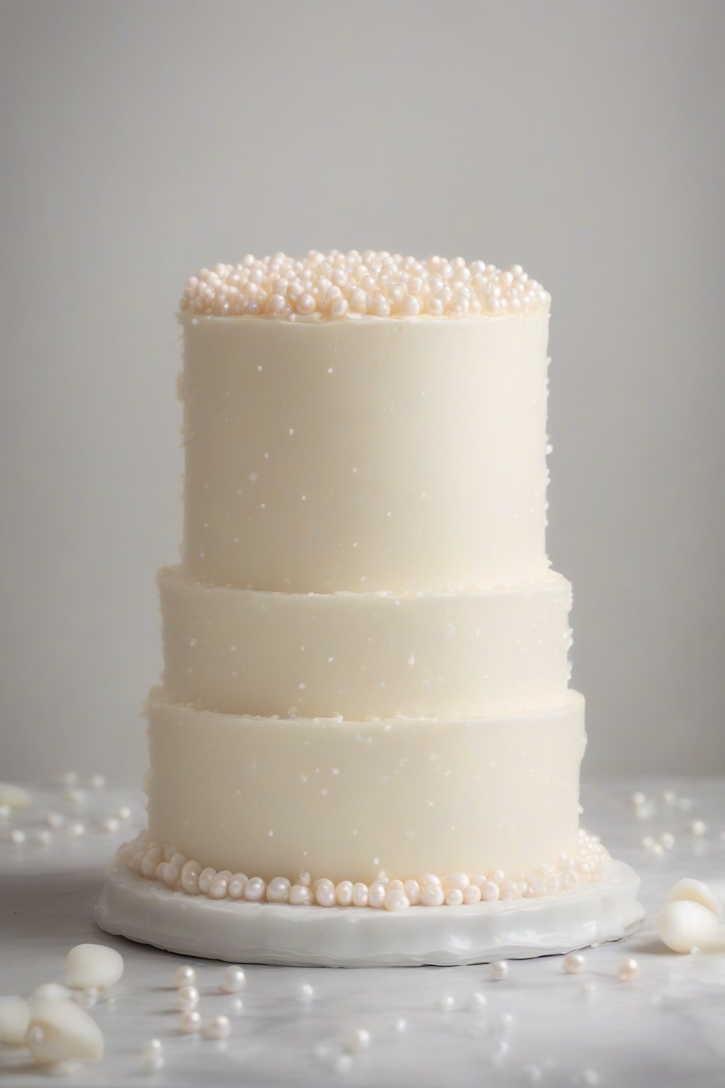 A high-resolution photo of a three-layer timeless vanilla white cake with smooth buttercream frosting and subtle pearl dragees, sliced to show fluffy interior, under soft lighting.