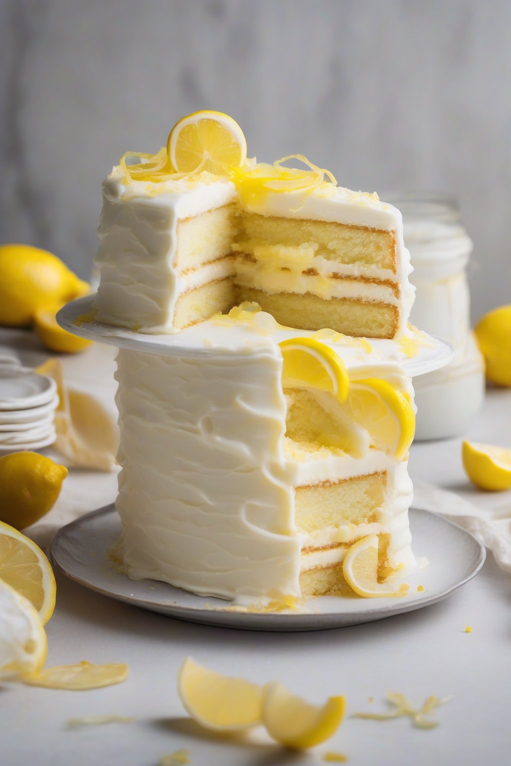 A high-resolution photo of a zesty lemon white velvet cake with lemon curd filling oozing from a slice, topped with white frosting and candied lemon peels, under soft lighting.