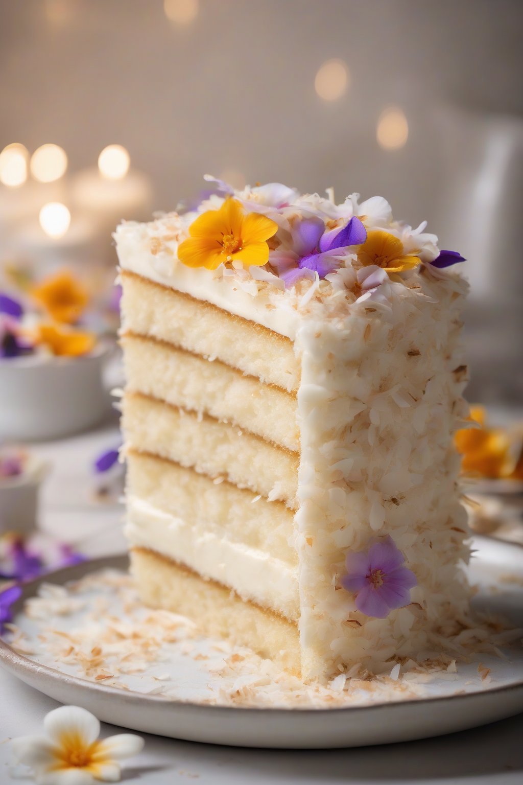 A high-resolution photo of a coconut white dream cake layered with cream filling, garnished with toasted coconut and edible flowers, a slice revealing moist crumb, under soft lighting.