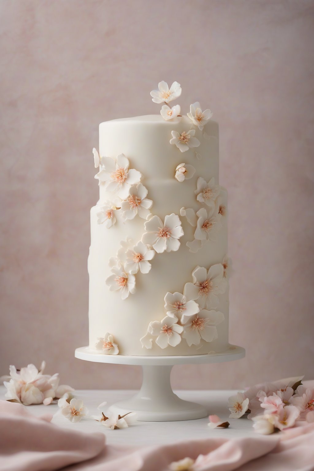 A high-resolution photo of an almond blossom white cake covered in smooth fondant with delicate sugar flowers, interior fluffy and pale, under soft lighting.