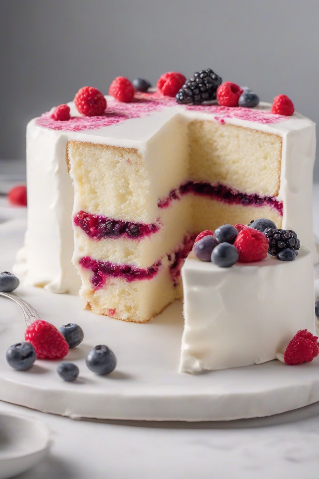 A high-resolution photo of a berry bliss white cake with berry filling visible in a cut slice, pristine white exterior with subtle berry accents, under soft lighting.