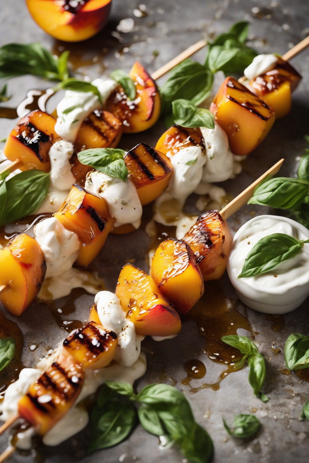 A high-resolution close-up photo of grilled peach and burrata skewers drizzled with honey under soft lighting.