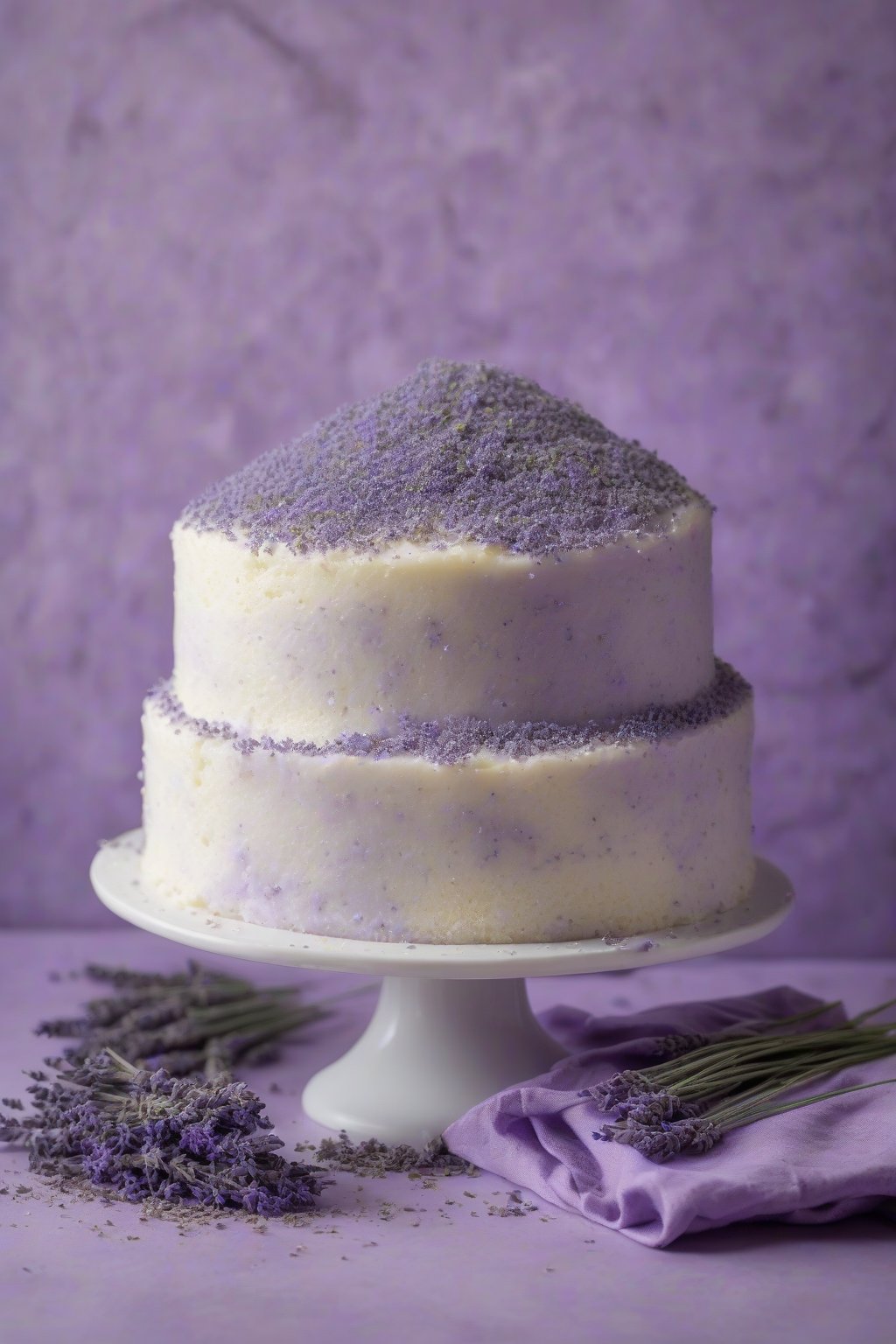 A high-resolution photo of a lavender infused white cake dusted with edible lavender buds, smooth frosting, slice showing tender crumb, under soft lighting.