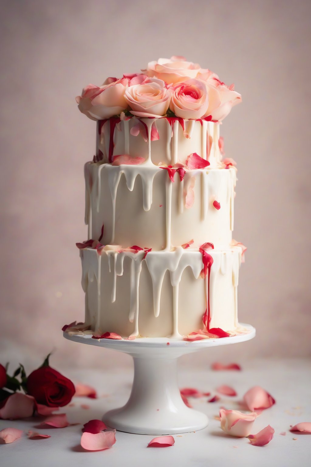 A high-resolution photo of a rose petal white cake adorned with fresh edible rose petals and white ganache drip, elegant slice, under soft lighting.