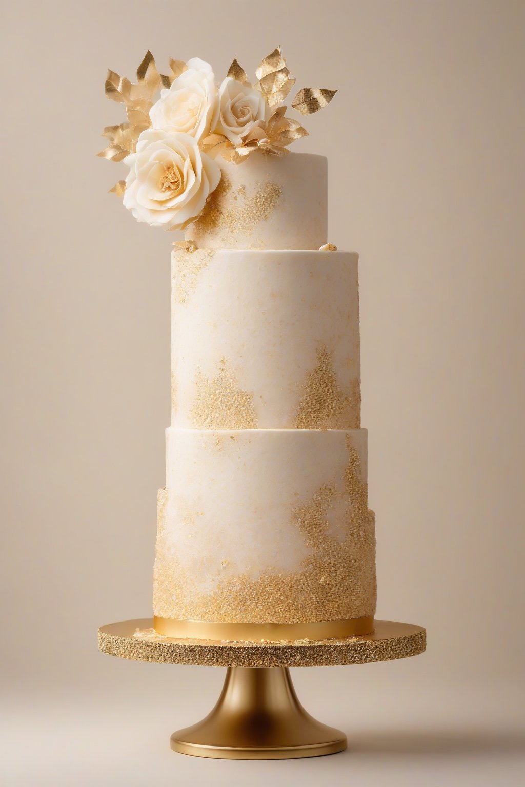 A high-resolution photo of a sparkling champagne white cake with bubbly frosting texture, gold leaf accents, moist slice revealed, under soft lighting.