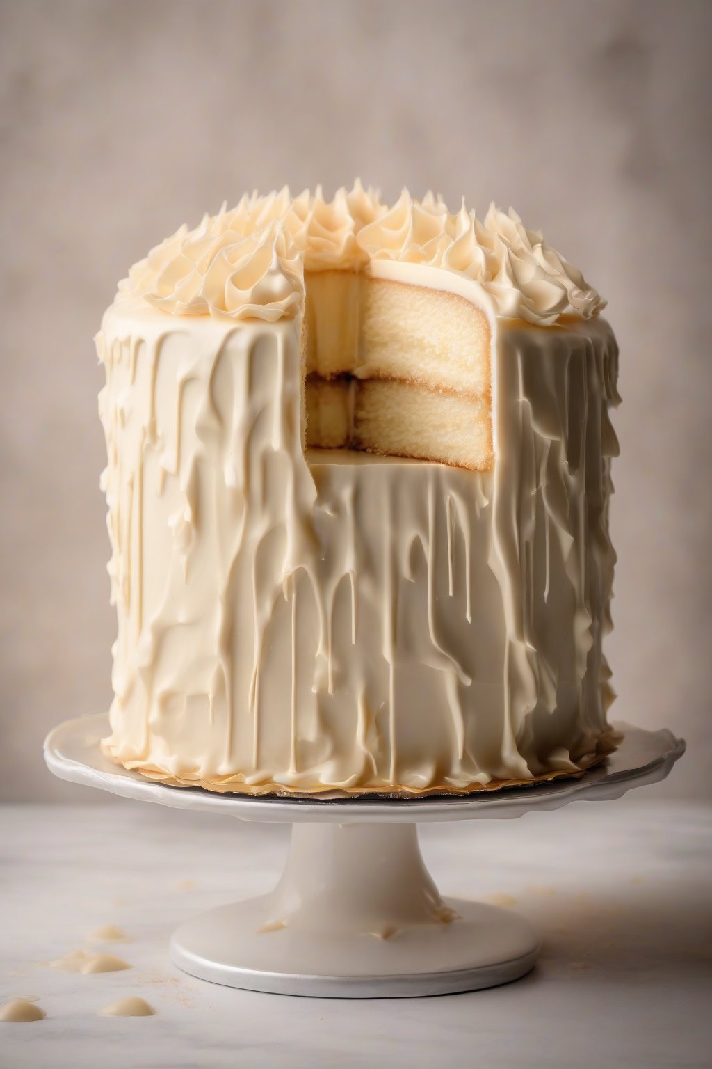A high-resolution photo of a white chocolate whisper cake with glossy ganache and ruffled frosting edges, creamy interior slice, under soft lighting.