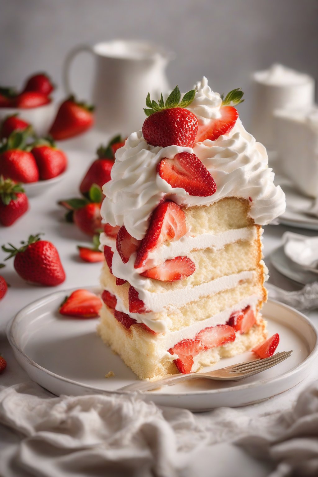 A high-resolution photo of a strawberry shortcake white cake with whipped cream layers and fresh strawberries peeking from slice, pristine exterior, under soft lighting.