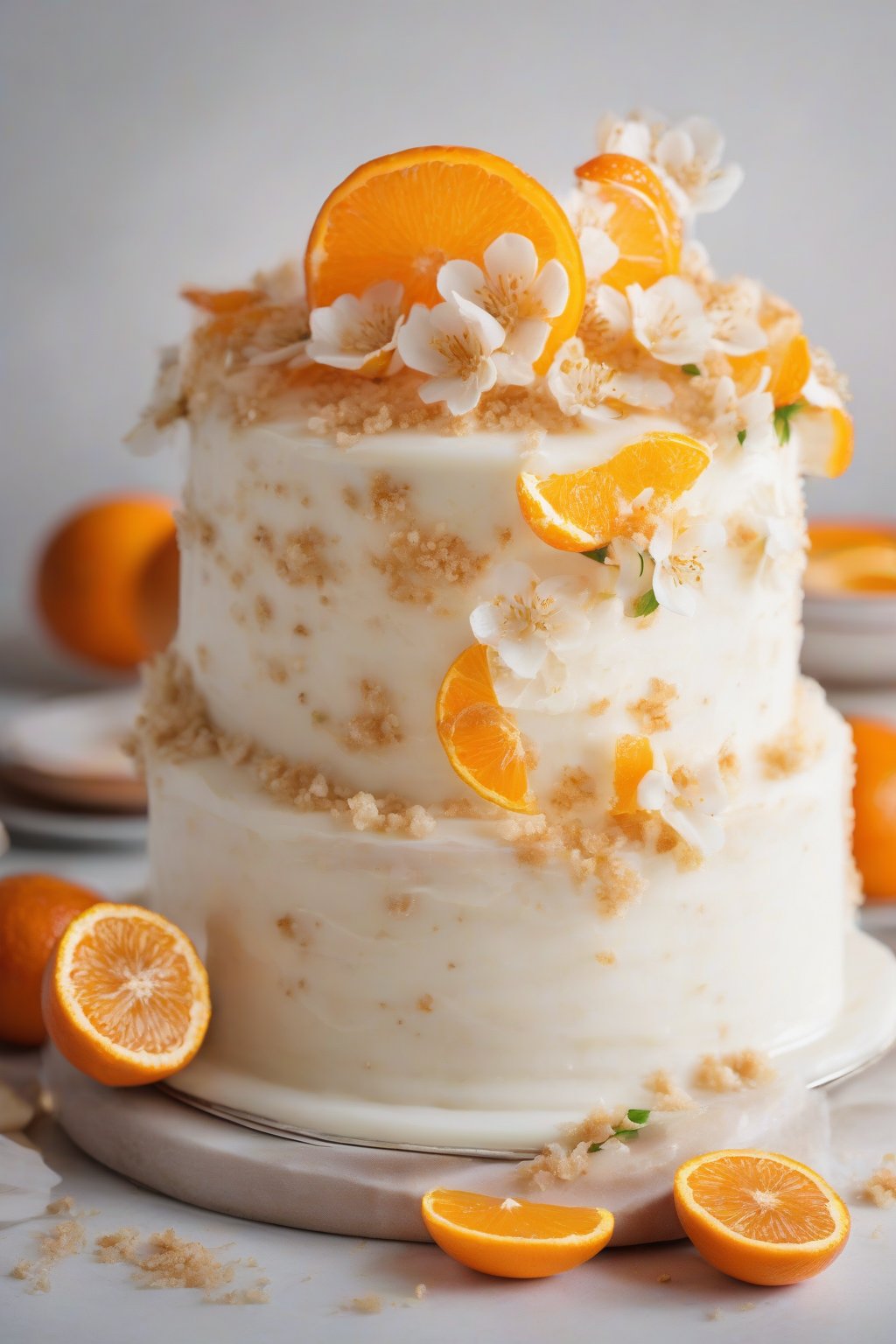 A high-resolution photo of an orange blossom white cake garnished with candied orange slices, smooth frosting, airy crumb slice, under soft lighting.