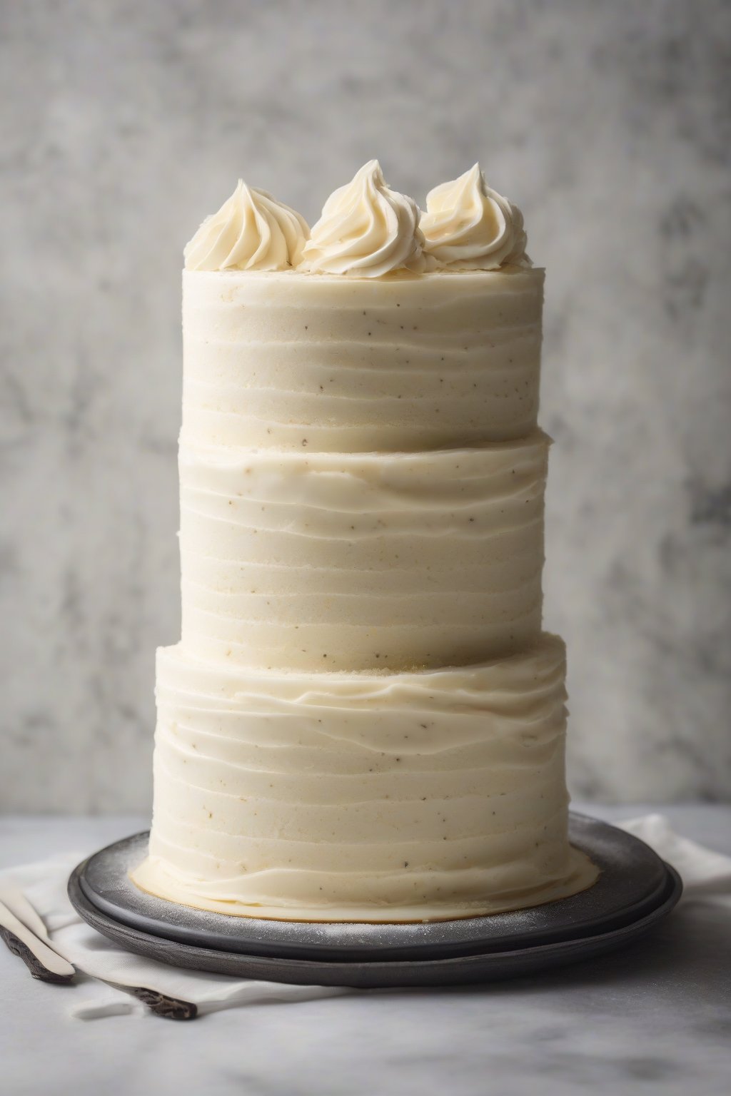 A high-resolution photo of a vanilla bean white cake with visible black specks in fluffy layers, buttercream swirls, perfect slice, under soft lighting.