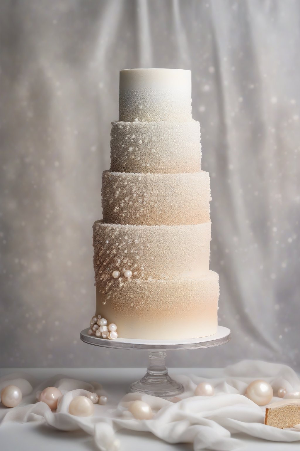 A high-resolution photo of a pearl dust ombre white cake with shimmering gradient frosting, elegant pearl accents, structured slice, under soft lighting.