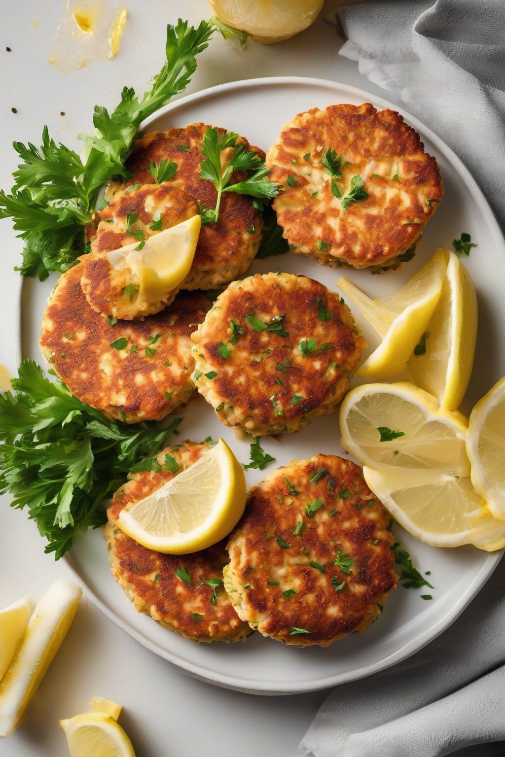 A high-resolution photo of golden classic salmon patties on a white plate, topped with lemon wedges, under soft lighting.
