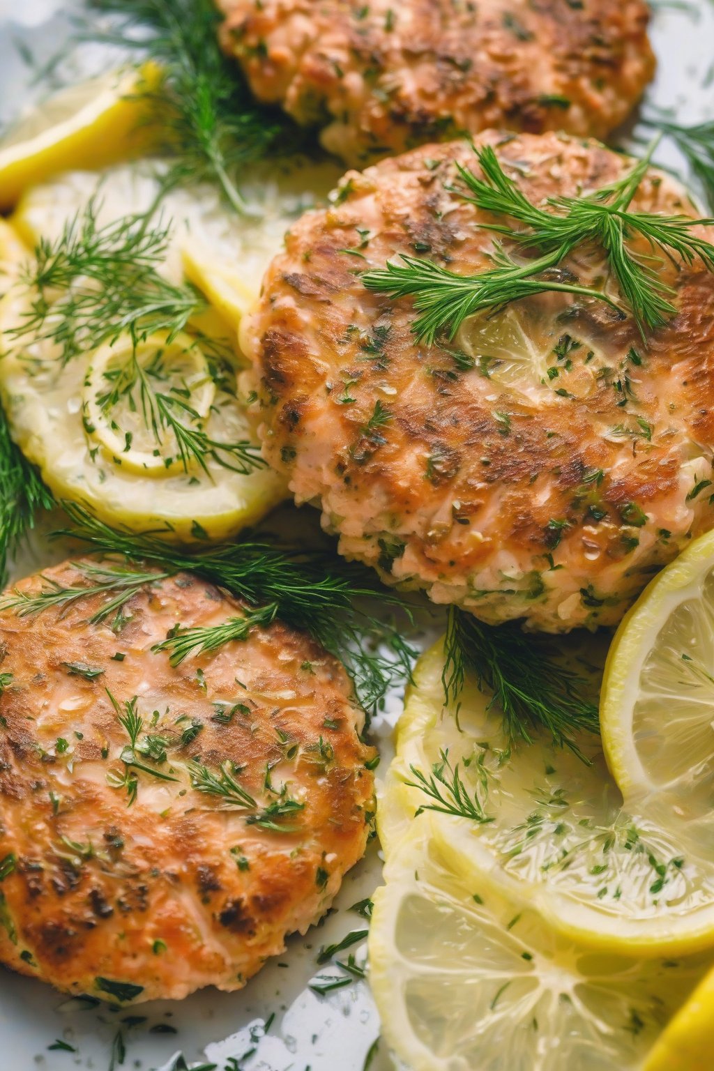 A close-up photo of lemon-dill salmon patties garnished with fresh dill sprigs and lemon slices, steam rising, under soft lighting.