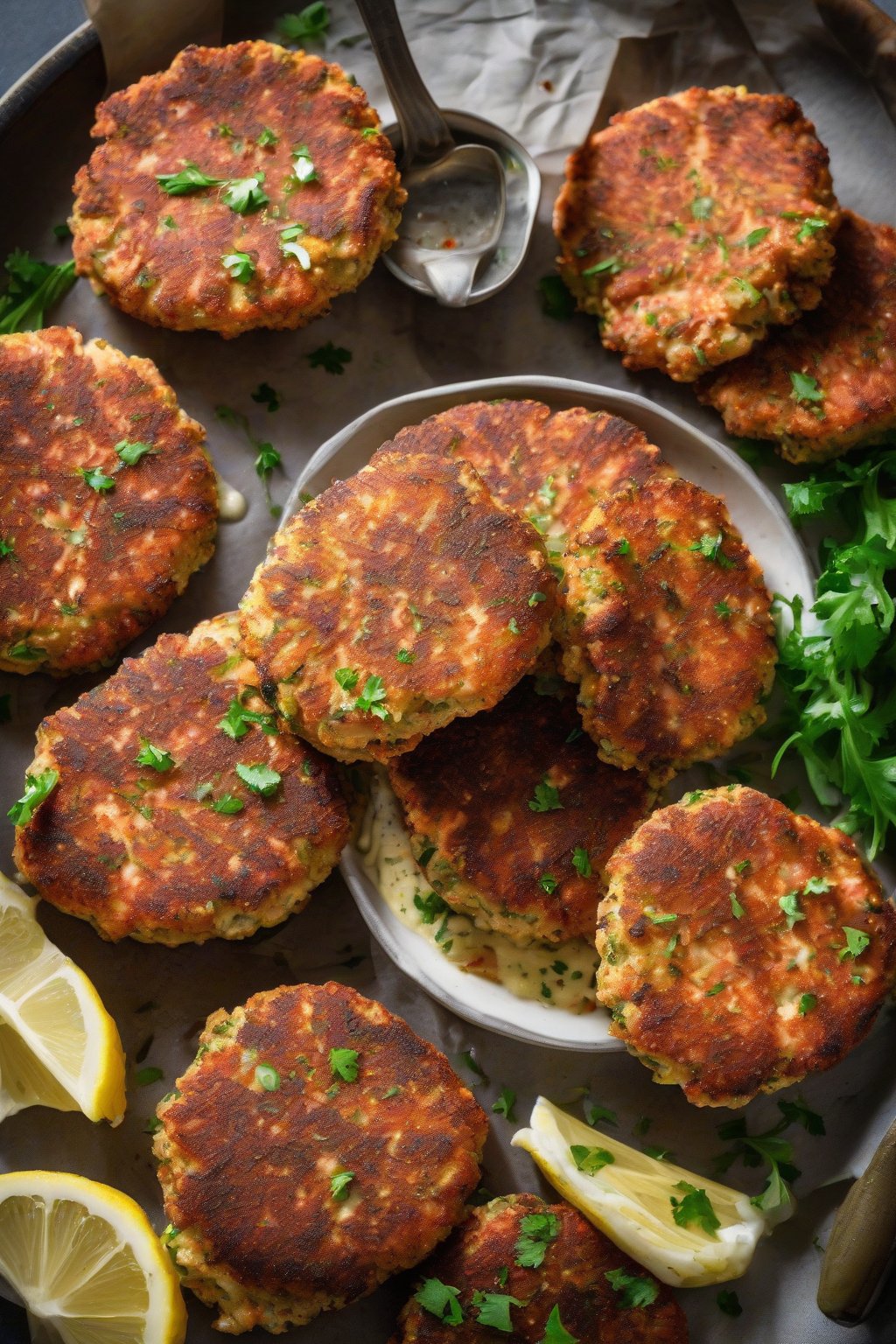 A high-resolution photo of Cajun salmon patties dusted with spices, served with remoulade, under soft lighting.