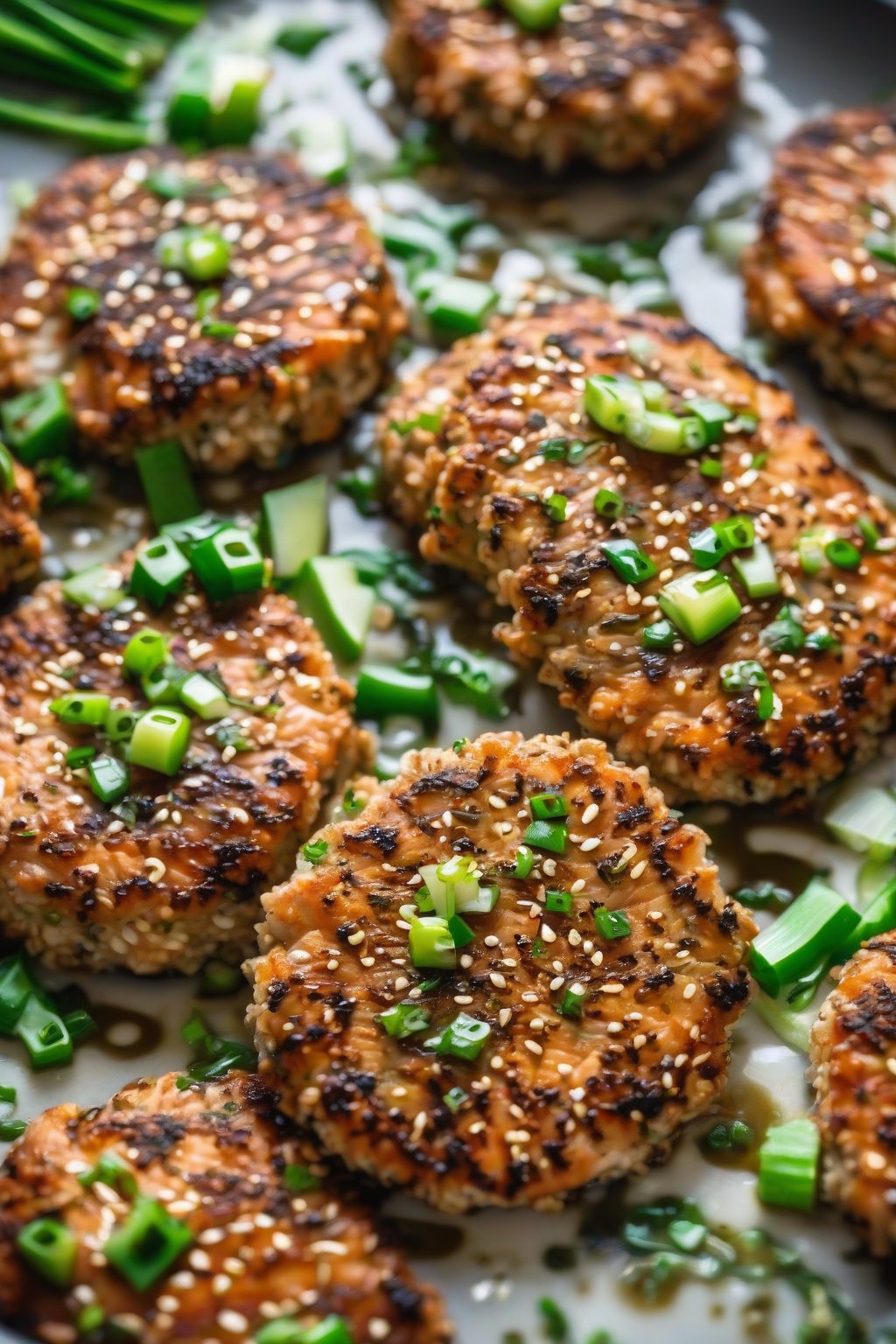 A close-up photo of sesame-crusted salmon patties with green onions and soy drizzle, under soft lighting.