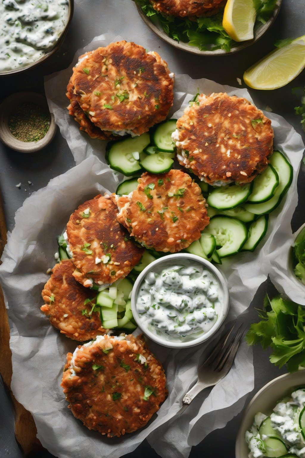 A high-resolution photo of feta-studded salmon patties beside tzatziki and cucumber, under soft lighting.