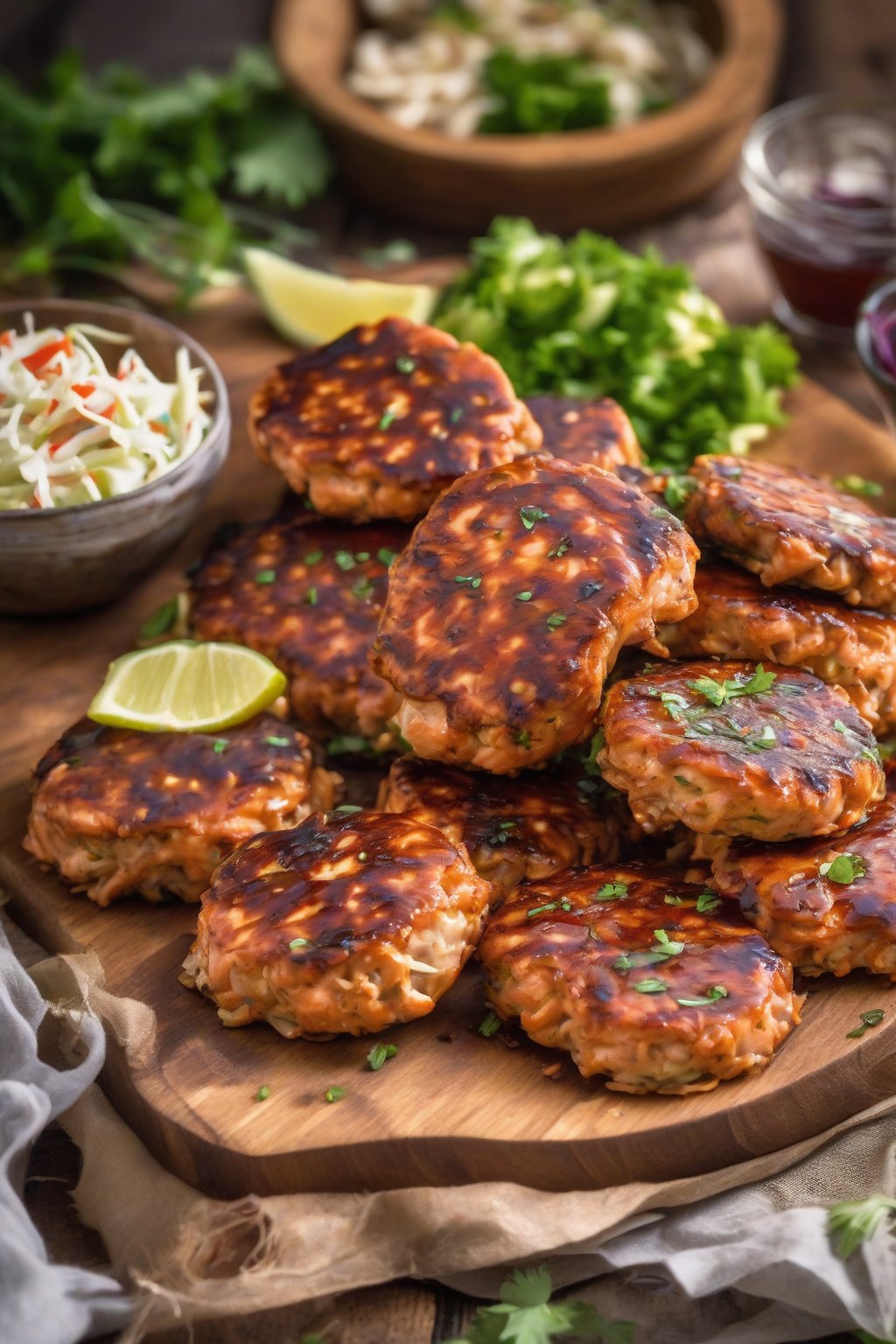 A close-up photo of BBQ-glazed salmon patties on a rustic board with coleslaw, under soft lighting.