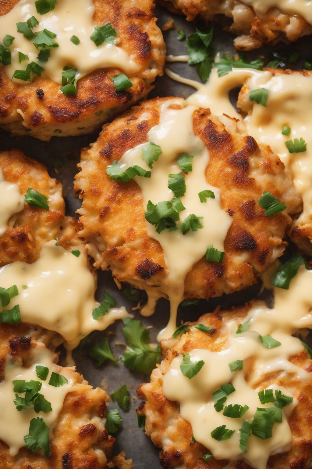 A high-resolution photo of cheesy salmon patties with melted cheese pull, garlic bits visible, under soft lighting.