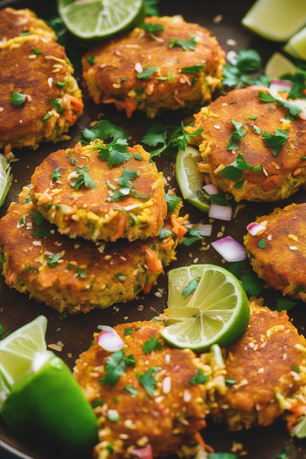 A close-up photo of curry salmon patties topped with coconut and lime, vibrant colors, under soft lighting.