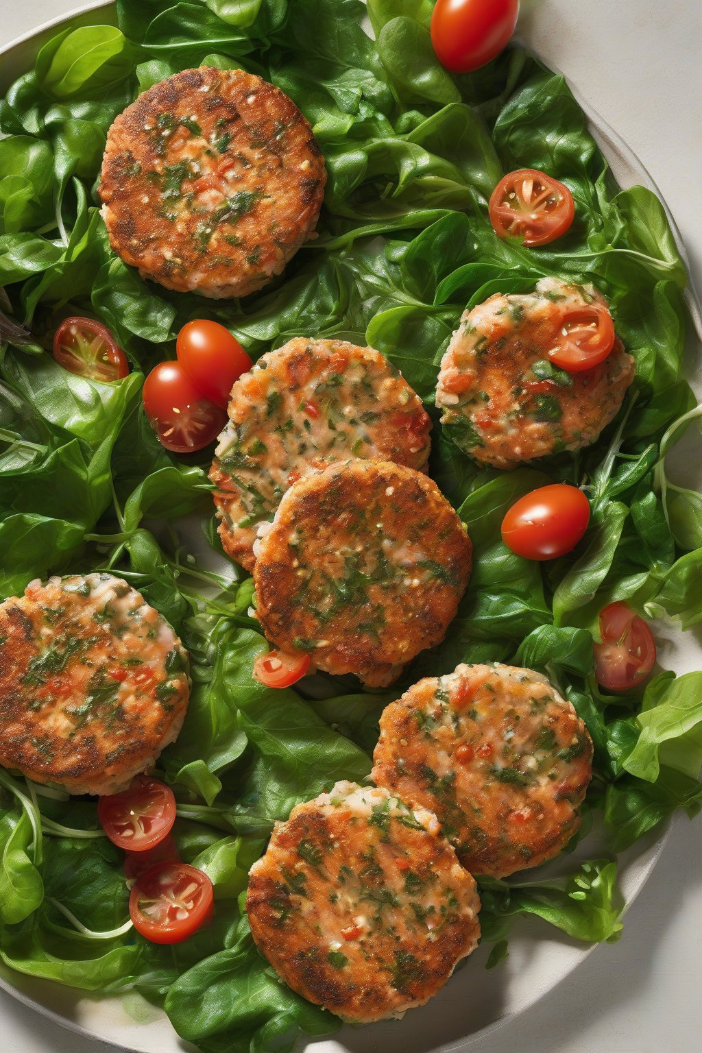 A high-resolution photo of herb-flecked salmon patties with tomato accents, on greens, under soft lighting.