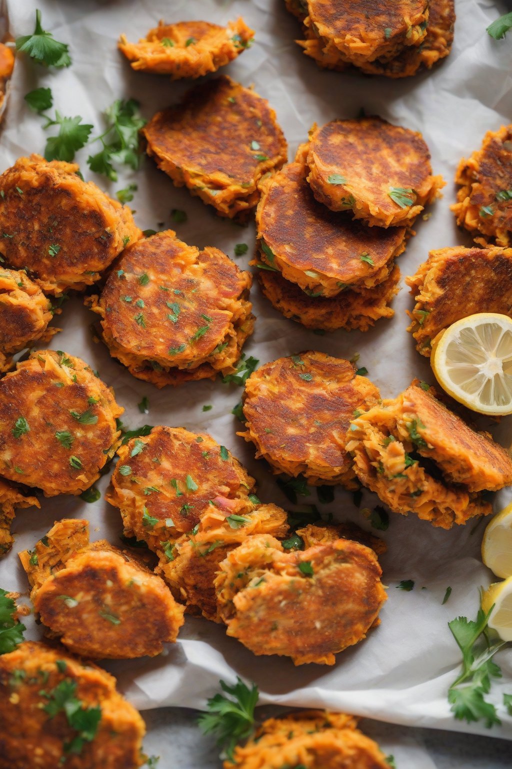 A close-up photo of sweet potato salmon patties sliced to show flaky interior, under soft lighting.