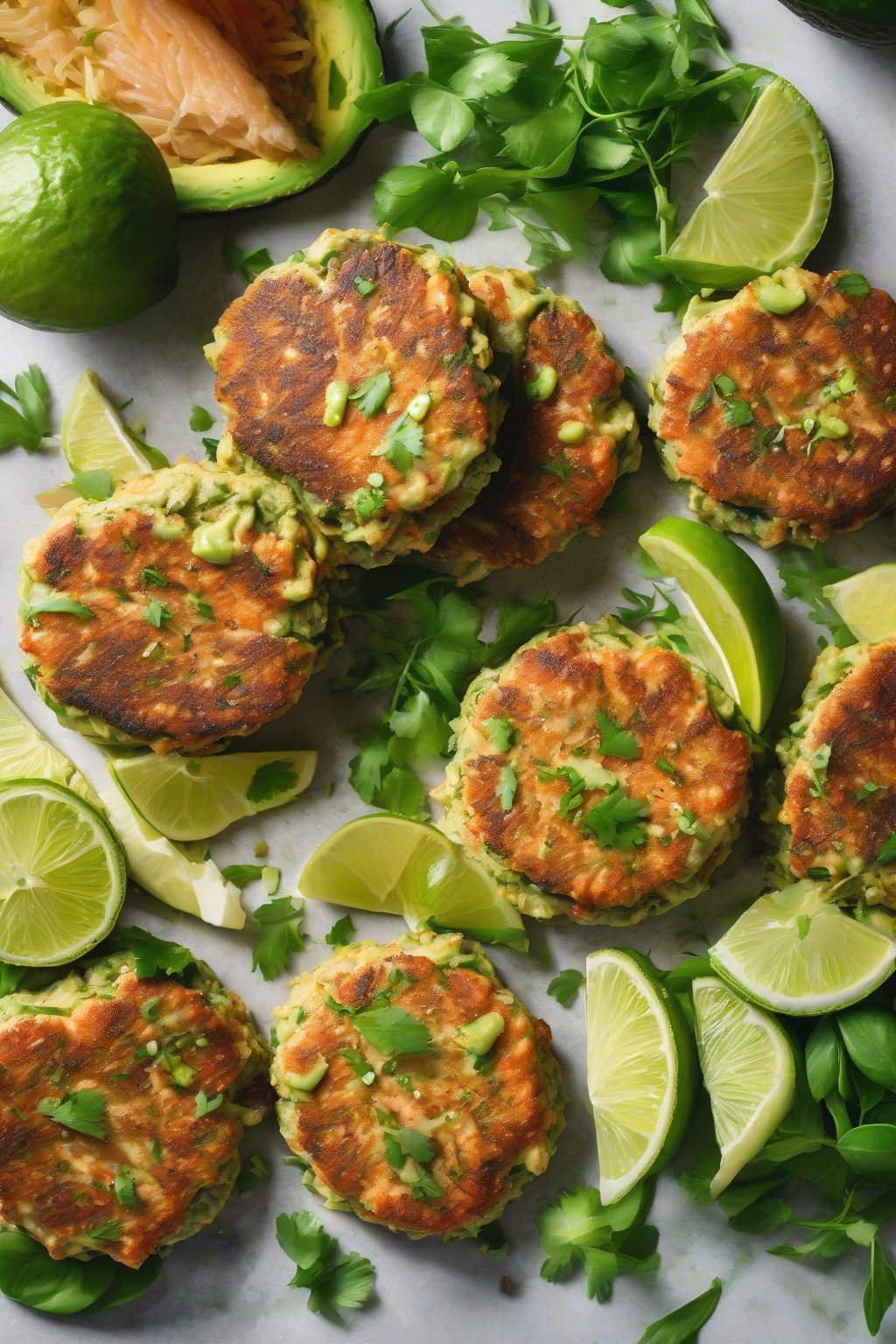 A high-resolution photo of avocado salmon patties with creamy green flecks, lime garnish, under soft lighting.