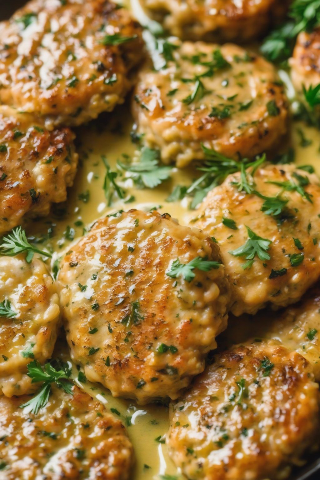 A close-up photo of honey mustard salmon patties glistening, with mustard swirl, under soft lighting.