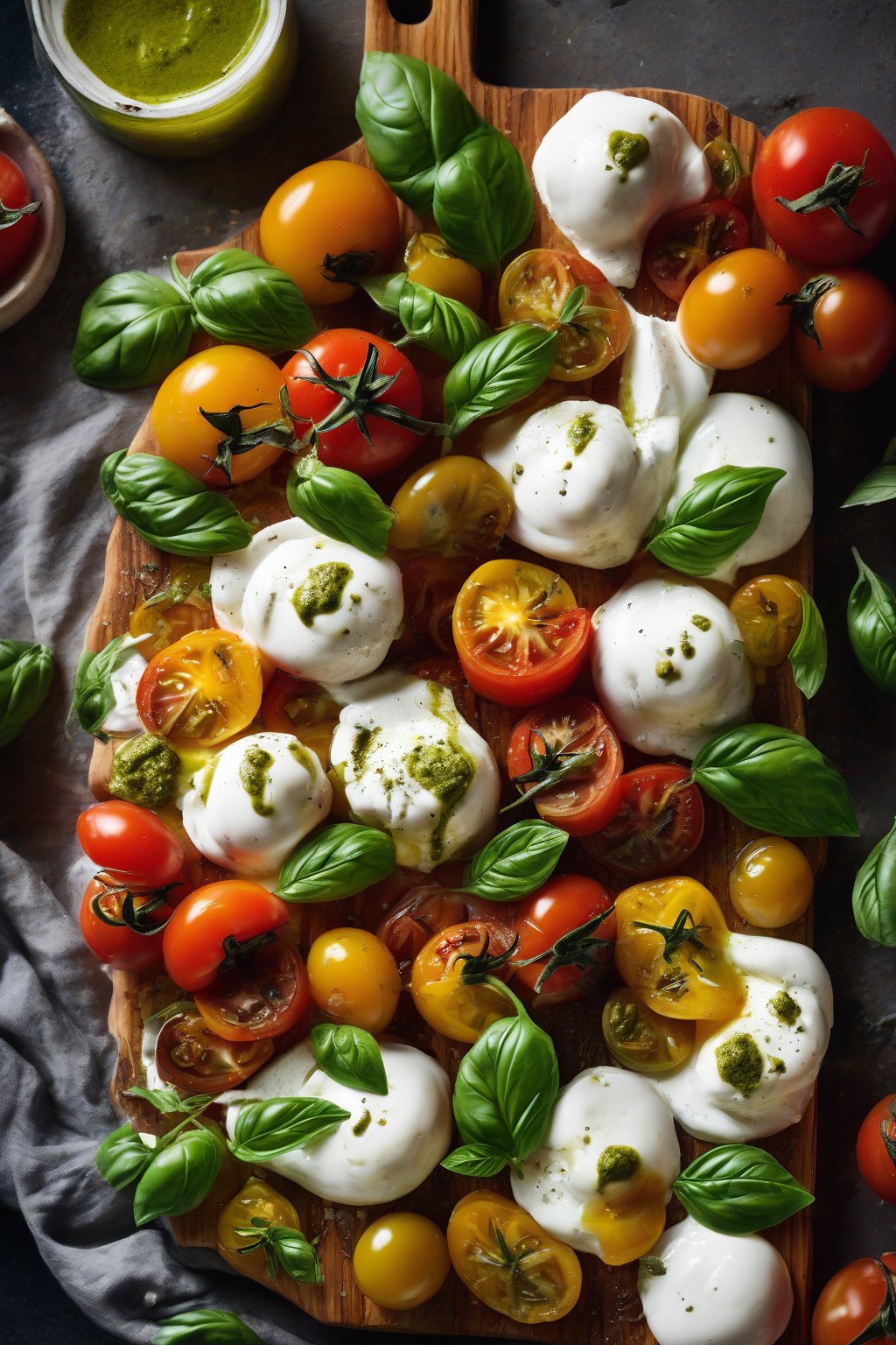 A high-resolution close-up photo of burrata caprese board with heirloom tomatoes and pesto under soft lighting.
