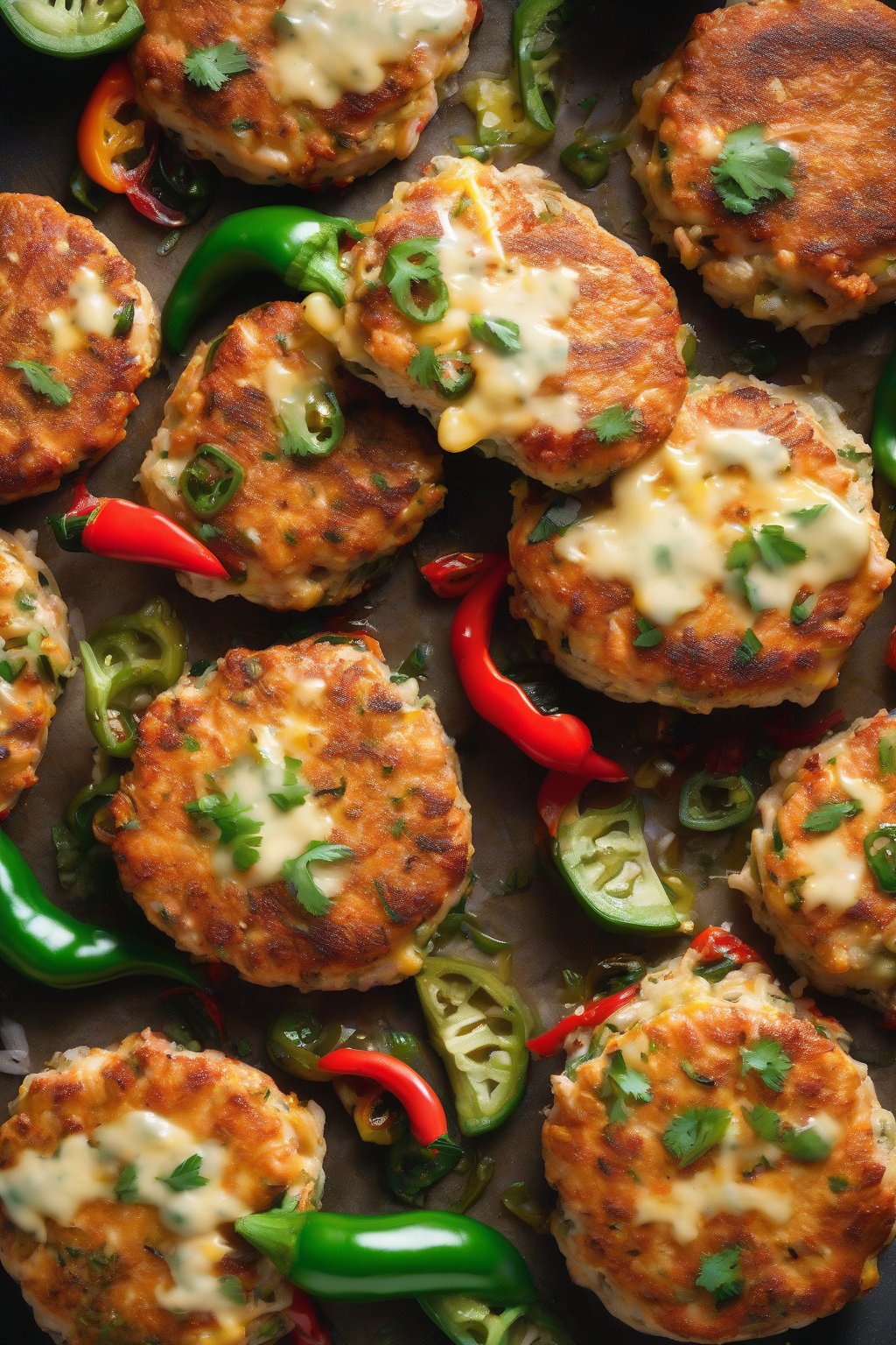 A high-resolution photo of jalapeño salmon patties with cheese ooze and peppers, under soft lighting.