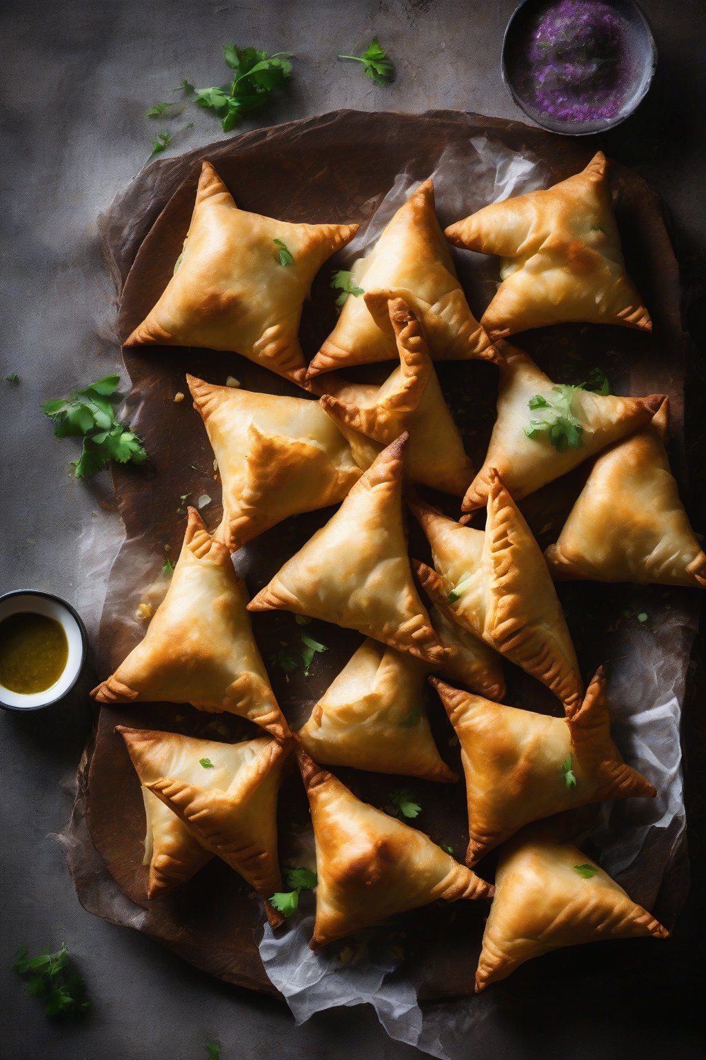 A high-resolution photo of golden flaky classic aloo samosas on a rustic plate, steam rising, under soft lighting.