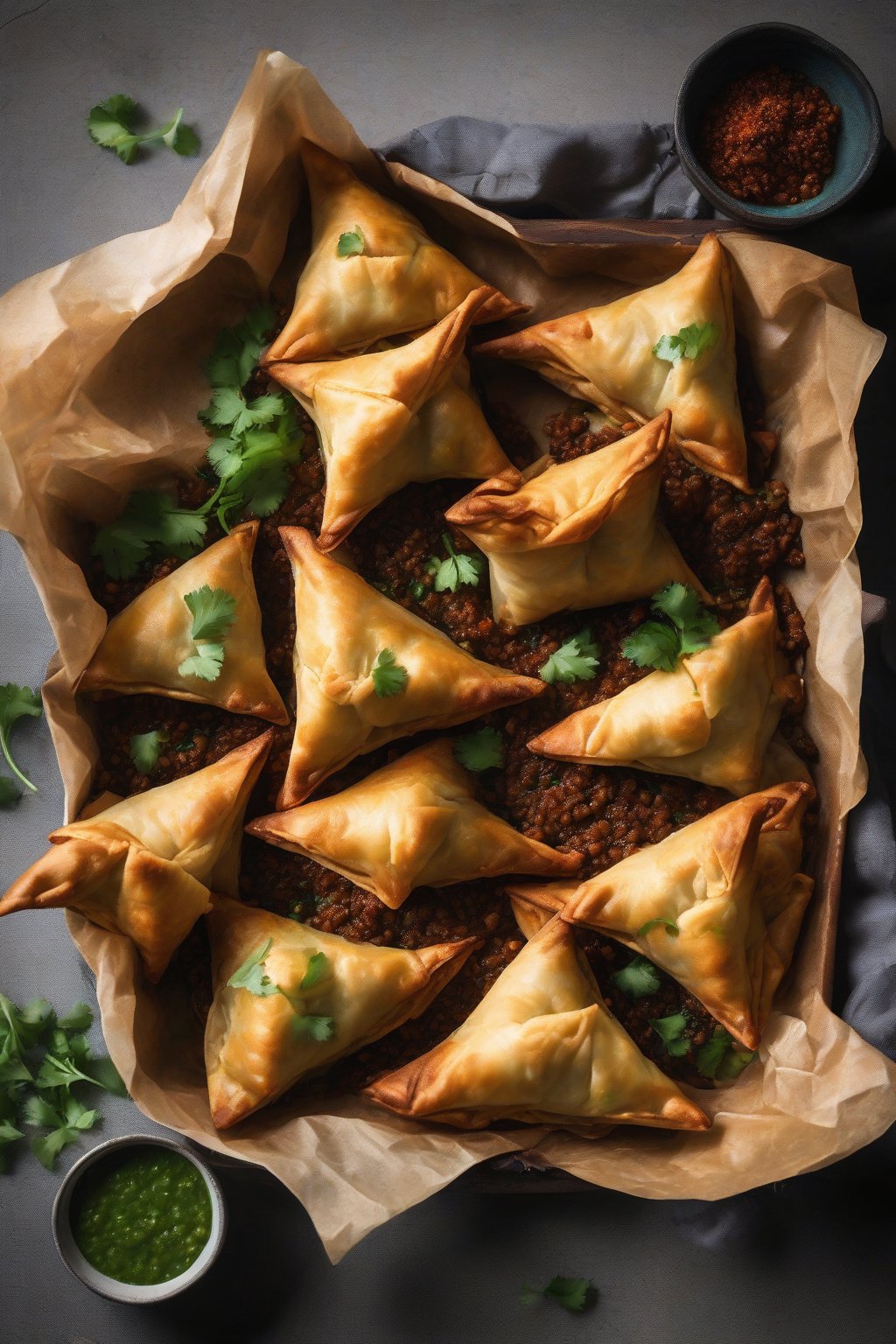 A high-resolution photo of flaky lamb keema samosas cut open to reveal spiced mince, garnished with cilantro, under soft lighting.